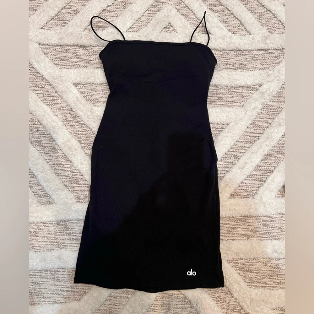 ALO Black Goddess Ribbed Spaghetti Strap Bodycon Mini Dress XS - Picture 3 of 5